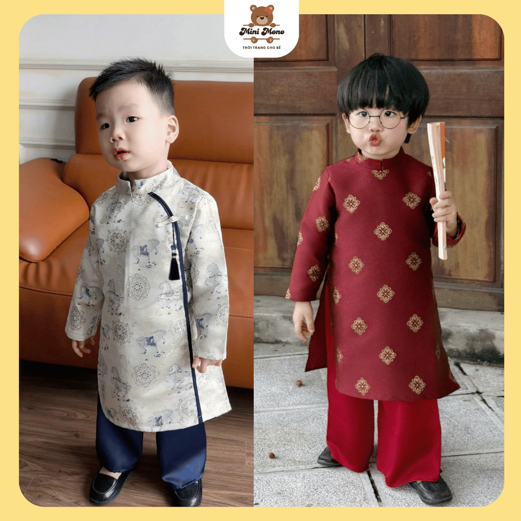 Áo dài cho bé trai, chất liệu gấm cao cấp phối quần lụa mặc Tết 2026 cực yêu, chuẩn tag H2.Studio - 