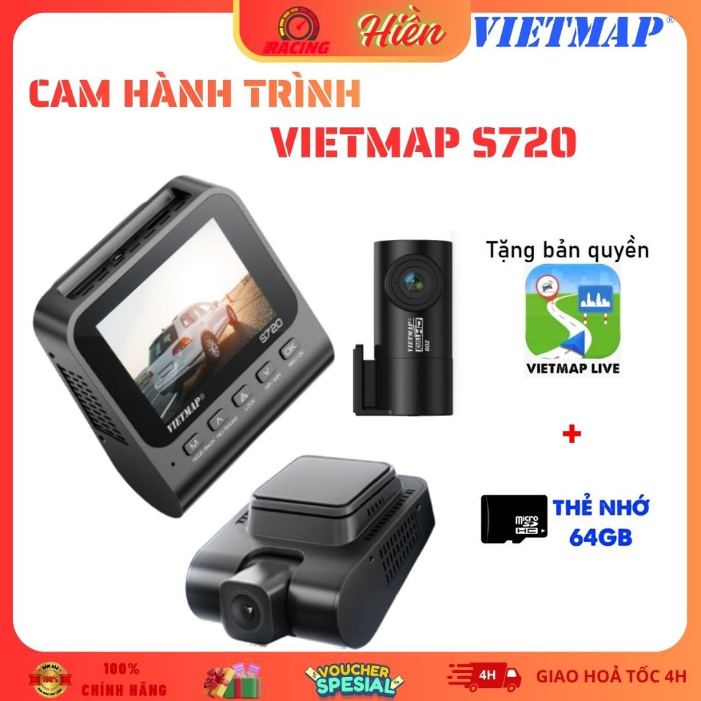 Camera hành trình Vietmap S720 Cam Trước 4K+Sau Full HD Kèm 64GB và Vietmap Live Pro-Hàng chính hãng