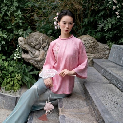 TUBYCATU Áo Lụa Xuân An Kiểu Truyền Thống Đính Cườm Họa Tiết Chìm