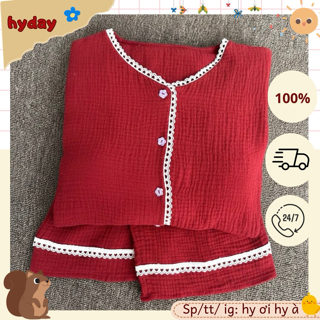 Bộ đồ ngủ nữ dáng dài xô muslin, pijama áo tay bồng dài quần dài đỏ đô phối ren có mút mã Mùng 1 Hyd