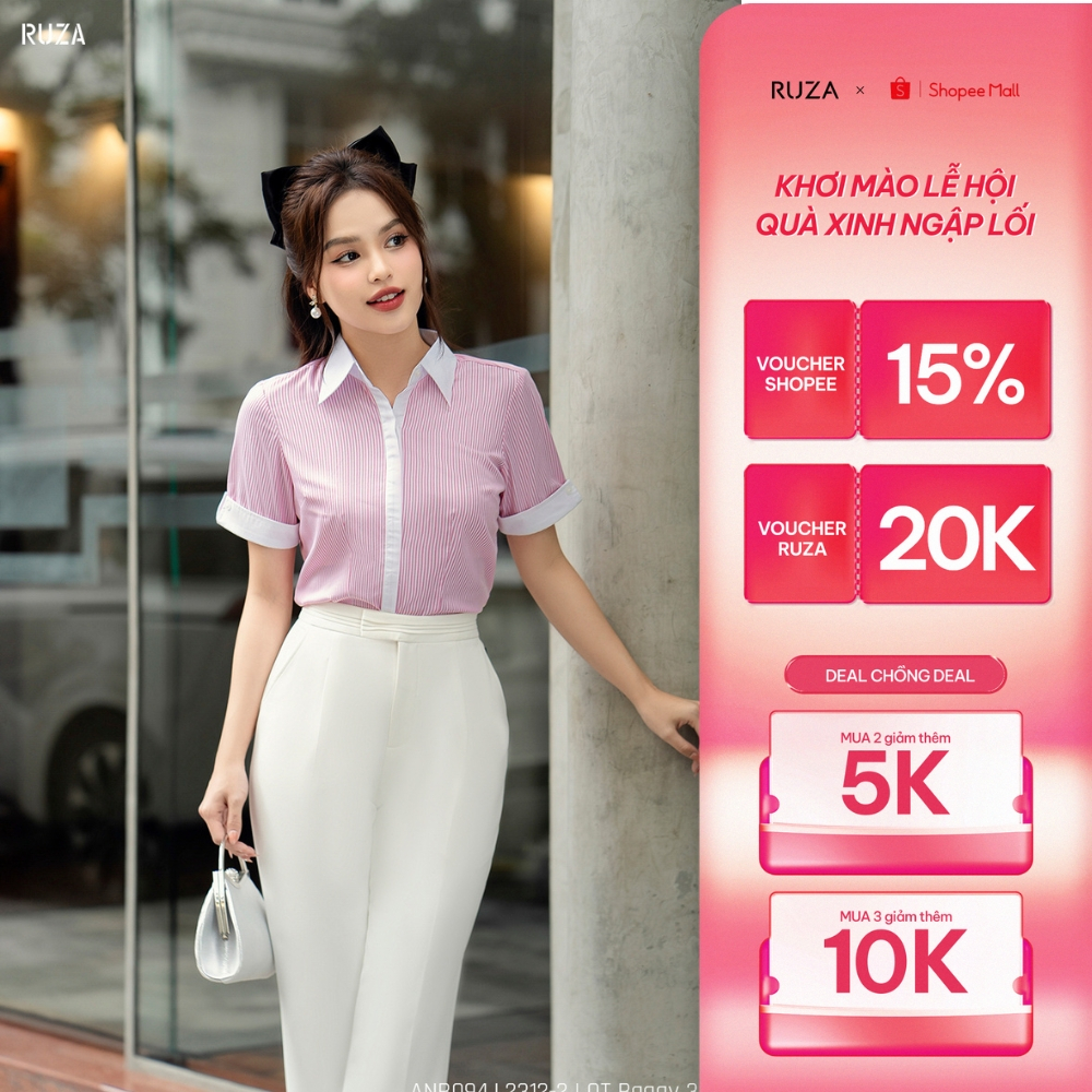 Áo sơ mi nữ RUZA tay ngắn thiết kế thời trang thanh lịch sang trọng ANB094