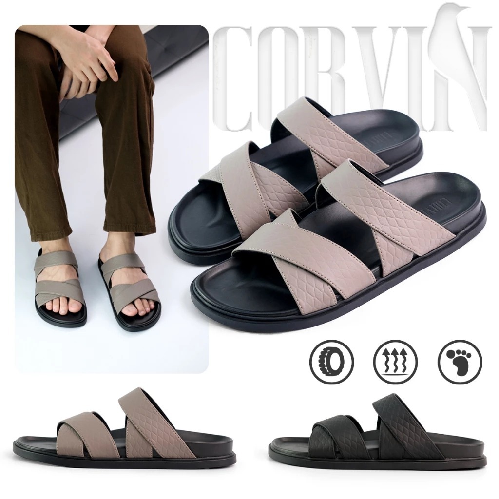 Dép Da Nam Quai Chéo CORVIN VELAR Vân Rắn, Da Microfiber Cao Cấp, Đế Cao Su Form Công Thái Học Êm Ch