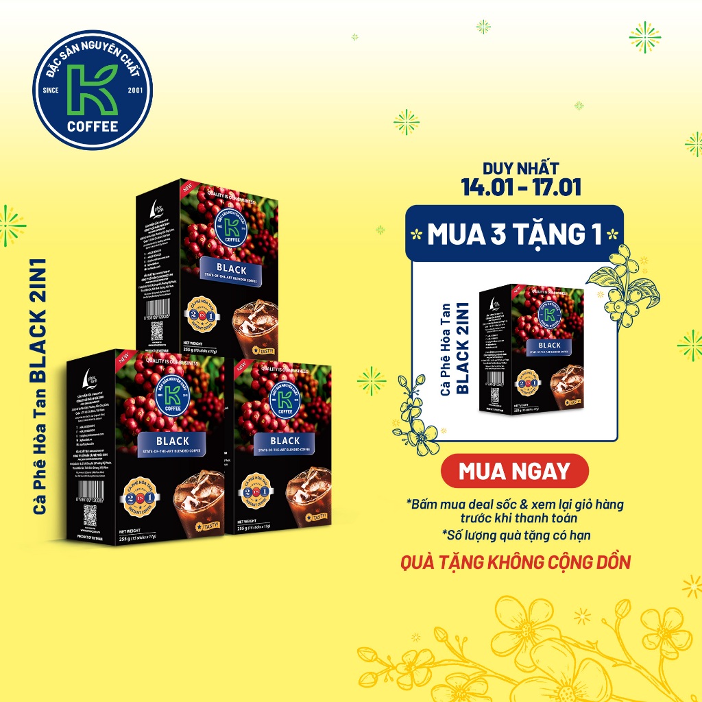 Cà Phê Đen Hòa Tan K Black 2in1 255g (Hộp 15 gói x 17g) Đậm Đà Như Pha Phin - Thương Hiệu K COFFEE