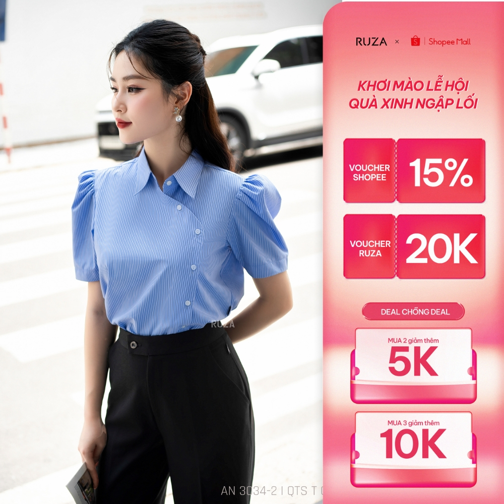 Áo sơ mi nữ RUZA tay ngắn sọc kate tinh tế thời trang công sở AN 3034
