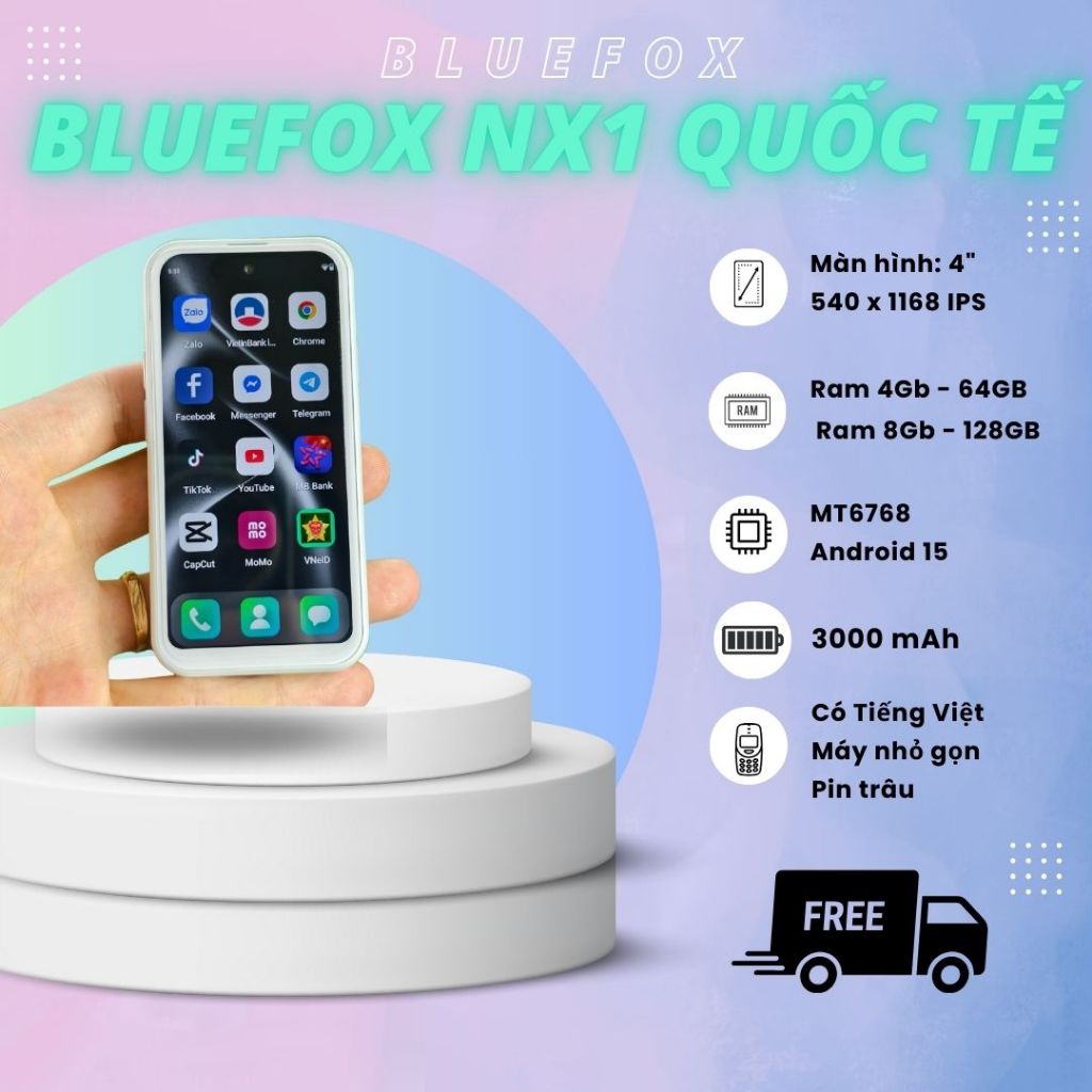 Bluefox NX1 Quốc tế - Ram 8GB - 128GB, Android 15, Pin 3000mAh dùng 1- 2 ngày - Điện thoại mini, Pin