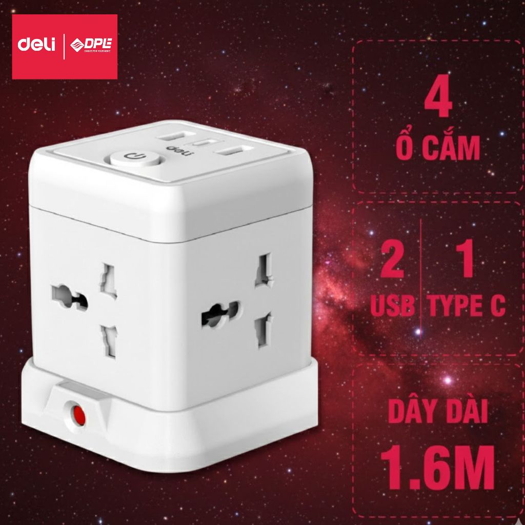 Ổ cắm điện đa năng DELI – chịu tải 2500W, tích hợp USB & Type-C, cầu chì tự an toàn, bảo vệ trẻ em
