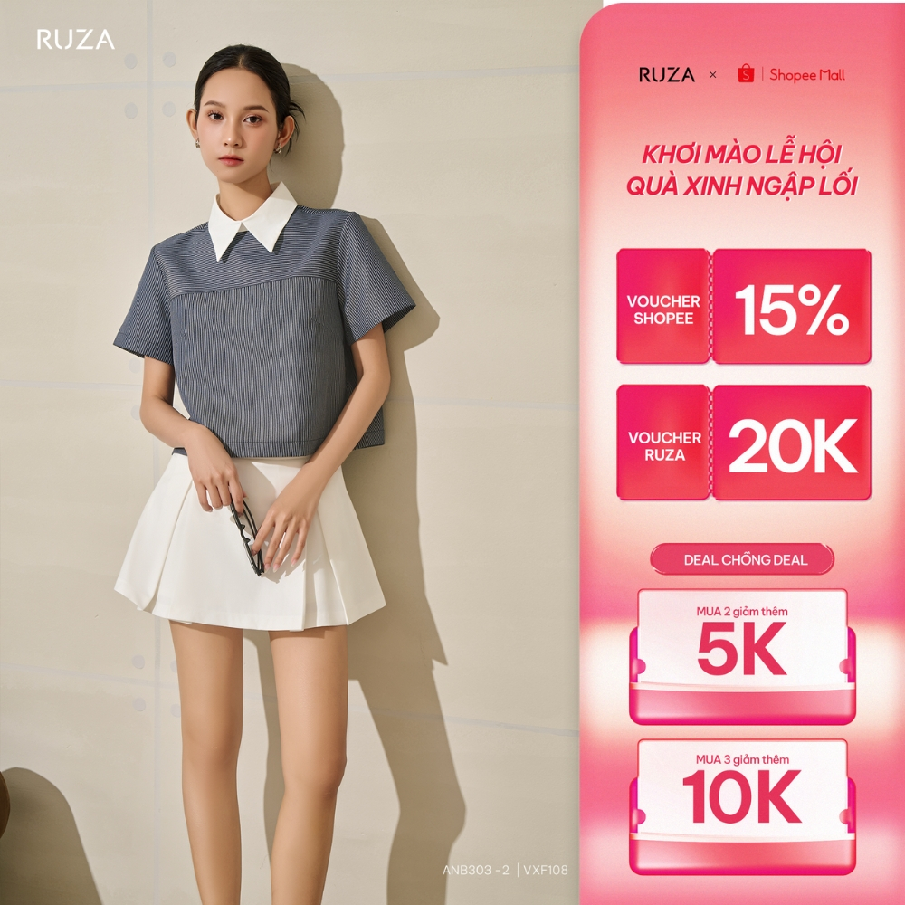 Áo sơ mi sọc nữ tay ngắn RUZA công sở thiết kế thanh lịch sang trọng ANB303
