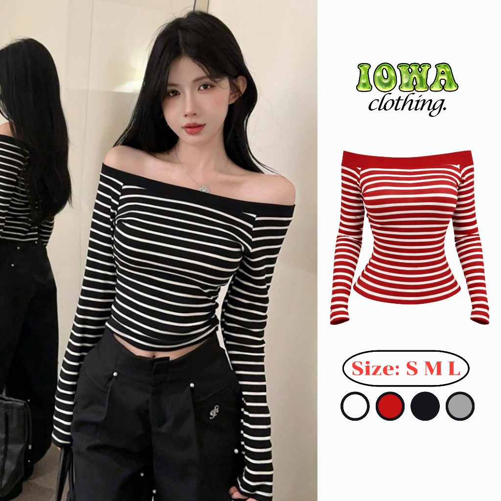 (XẢ HÀNG) Áo Thun TAY DÀI TRỄ VAI SỌC Ôm Body Thun Cotton BM115, Áo Thun Nữ Bệt Vai Co Giãn 4 Chiều 