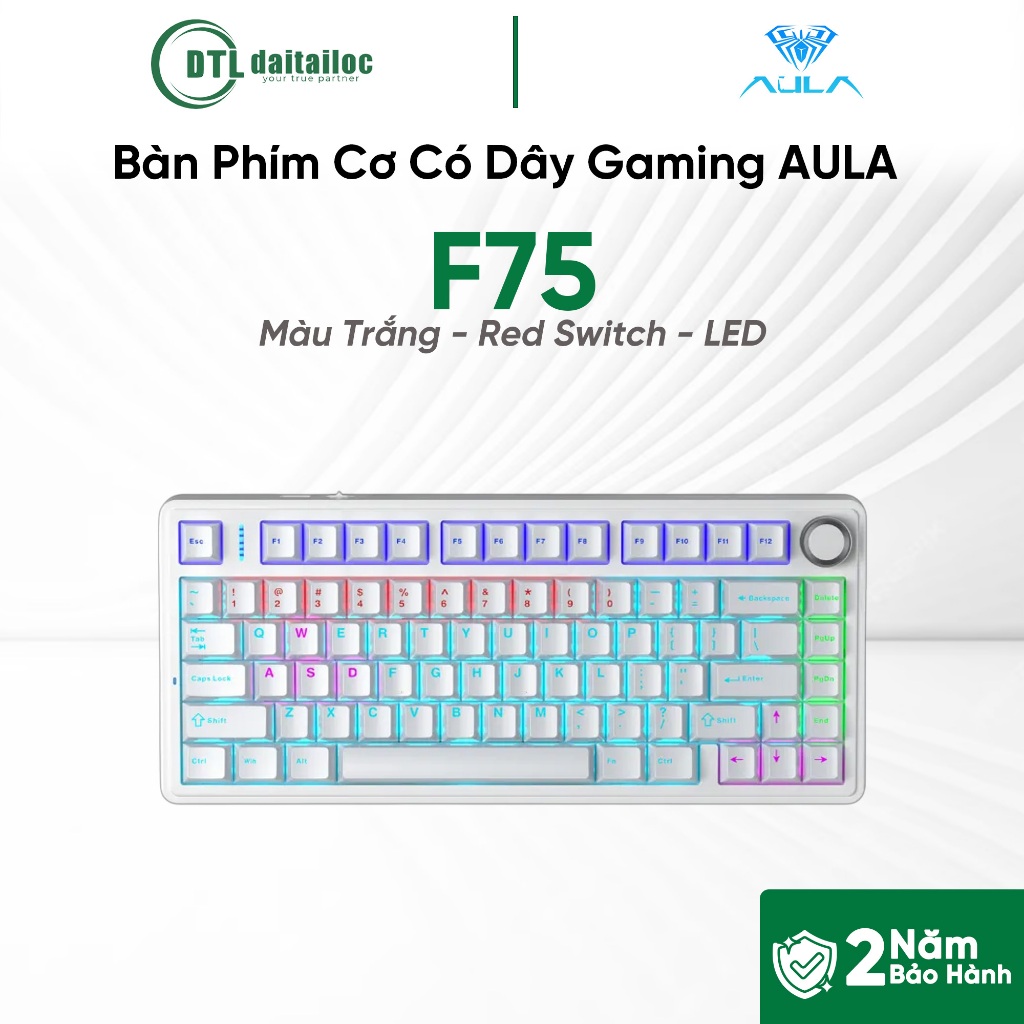 Bàn Phím Cơ Có Dây Gaming AULA F75 - F7512 Màu Trắng Red Switch LED | Chính Hãng | Bảo Hành 24 Tháng