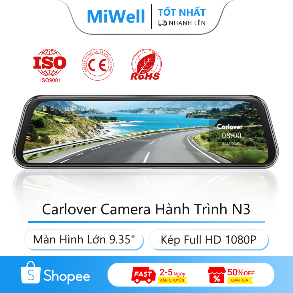 Carlover Camera Hành Trình N3 Màn Hình Lớn 9.35" Kép Full HD 1080P Hỗ Trợ Tối Đa 64GB