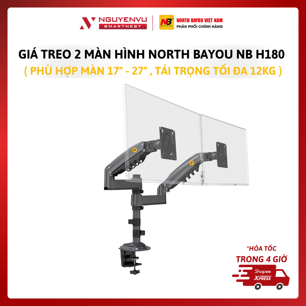 [CHÍNH HÃNG] Giá đỡ 2 màn hình North Bayou NB H180 - Arm đôi phù hợp màn 17- 27 Inch, Tải trọng 12Kg