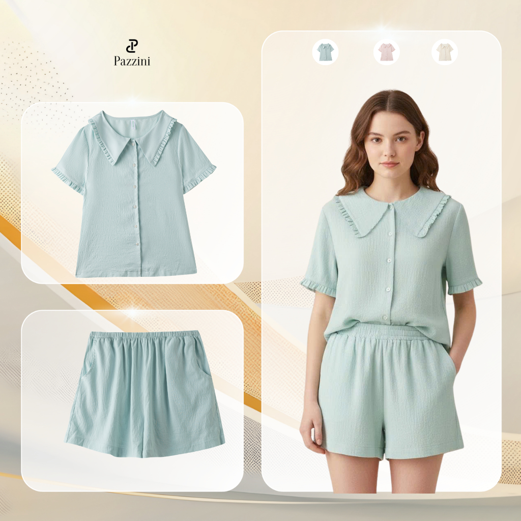 Bộ mặc nhà nữ ngắn tay pyjama Pazzini quần cộc chất liệu thoáng mát màu pastel cực trendy phù hợp mọ