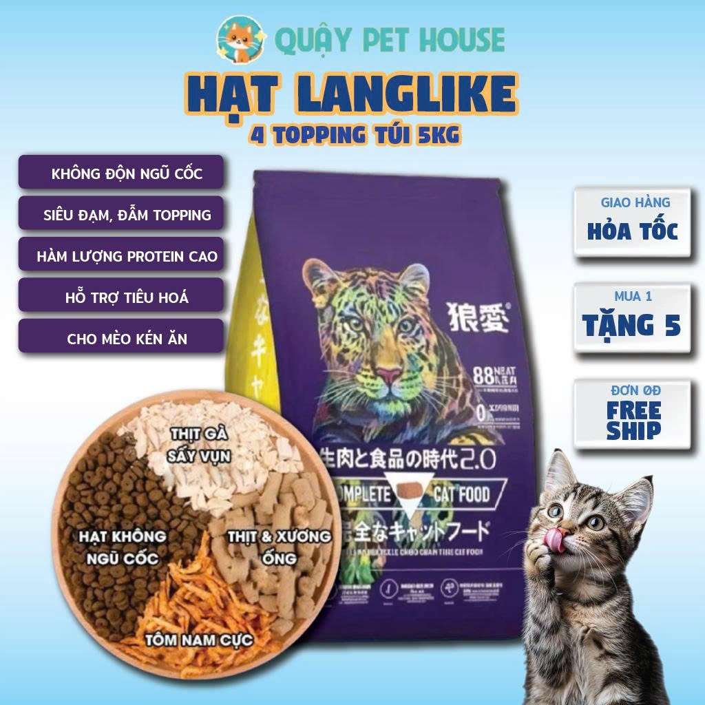 Hạt langlike 5kg cho mèo , hạt mèo langlike 5kg nhiều topping tặng kèm xúc xích