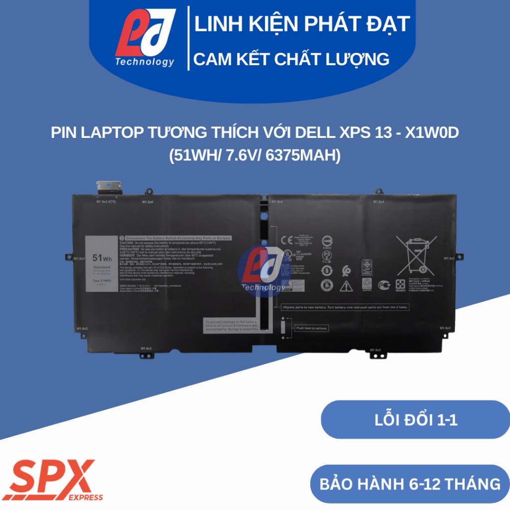 Pin X1W0D – Pin Laptop Tương Thích Với Dell XPS 13 7390, 9310 2in1 (Loại Zin) (51Wh/7.6V/6375mAh)
