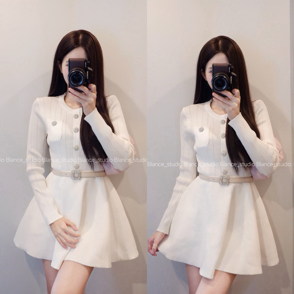 BLANCE STUDIO/ Váy len dài tay kèm thắt lưng cúc đá (Sẵn)