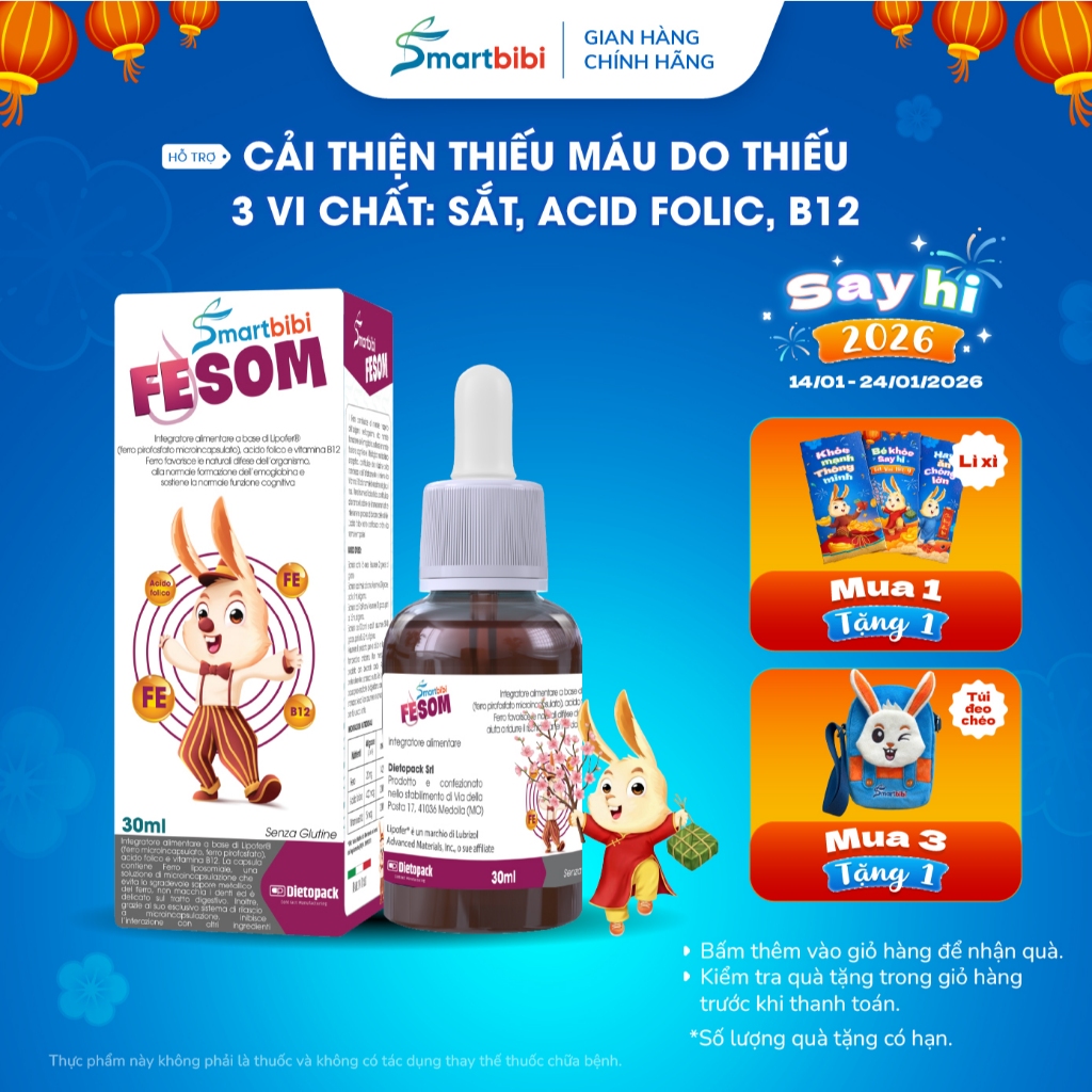 Sắt Lipofer Smartbibi Fesom - TPBVSK Chứa bộ 3 vi chất Sắt, acid Folic, Vitamin B12 30ml