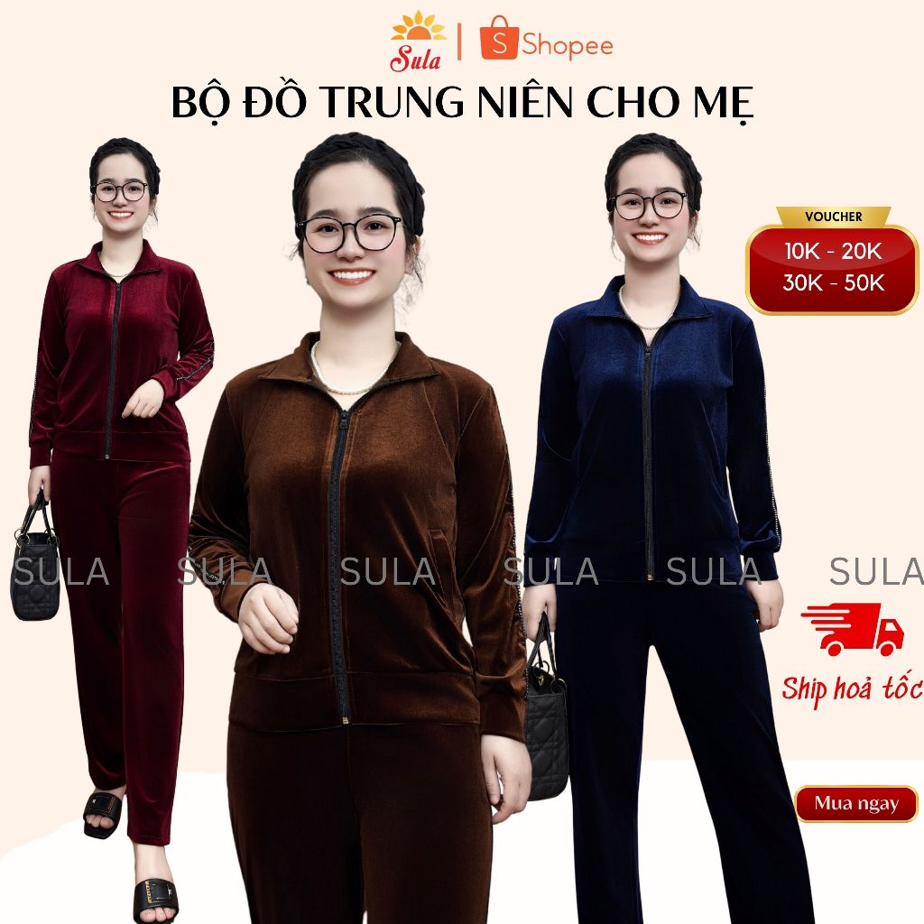 Bộ đồ tuyết nhung kéo khoá trung niên cao cấp thu đông, bộ nhung chính hãng SULA ms905