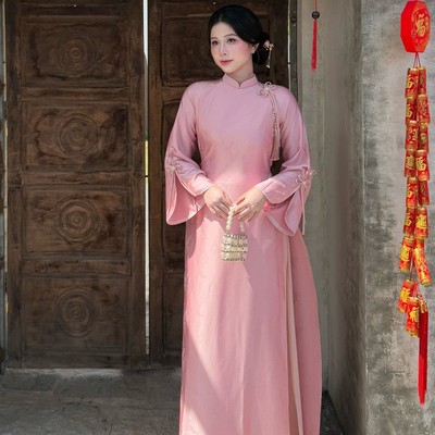 Áo dài thiết kế cách tân phom suông 4 tà kèm quần THIÊN KIM hồng Callene (CC489)