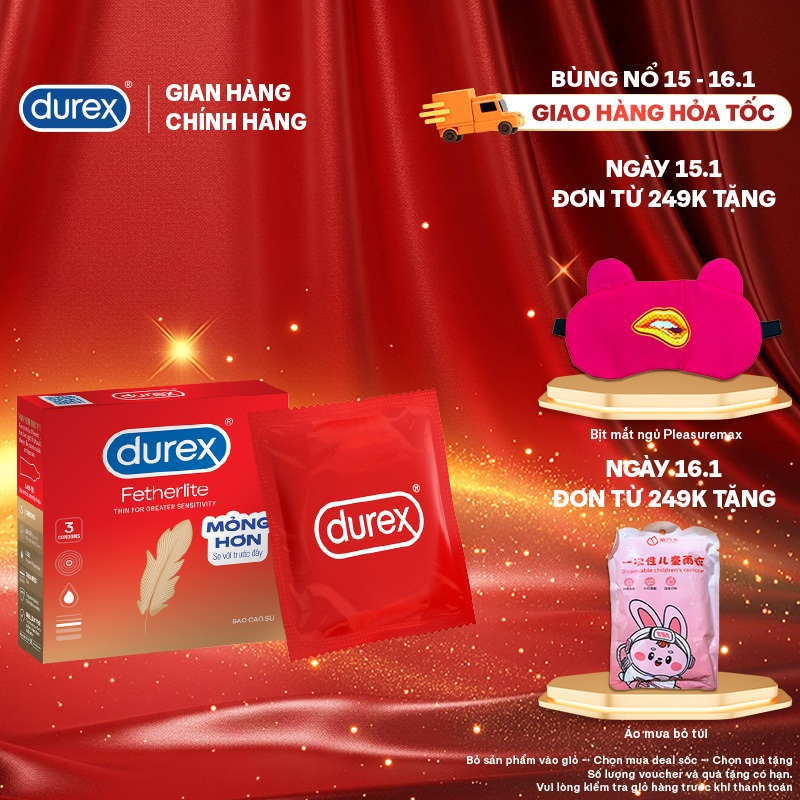 Bao cao su Durex Fetherlite siêu mỏng, size 52.5mm, 3 bao/hộp