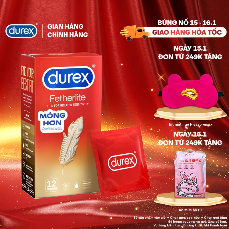 Bao cao su Durex Fetherlite siêu mỏng, size 52.5mm, 12 bao/hộp
