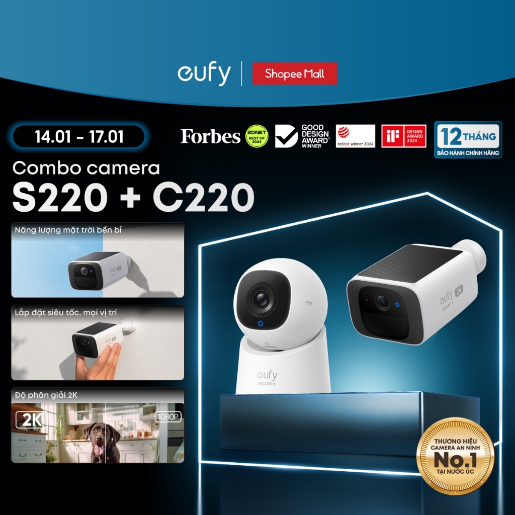 Combo Camera Eufy ngoài trời SoloCam S220 + Camera trong nhà C220 - Hàng chính hãng - Bảo hành 12 th