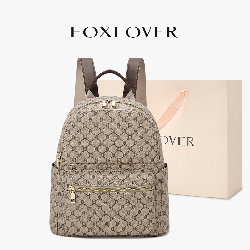 FOXLOVER Ba lô nữ Thiết kế họa tiết cổ điển Chống nước Khóa kéo chống trộm phía sau Thời trang Màu kaki