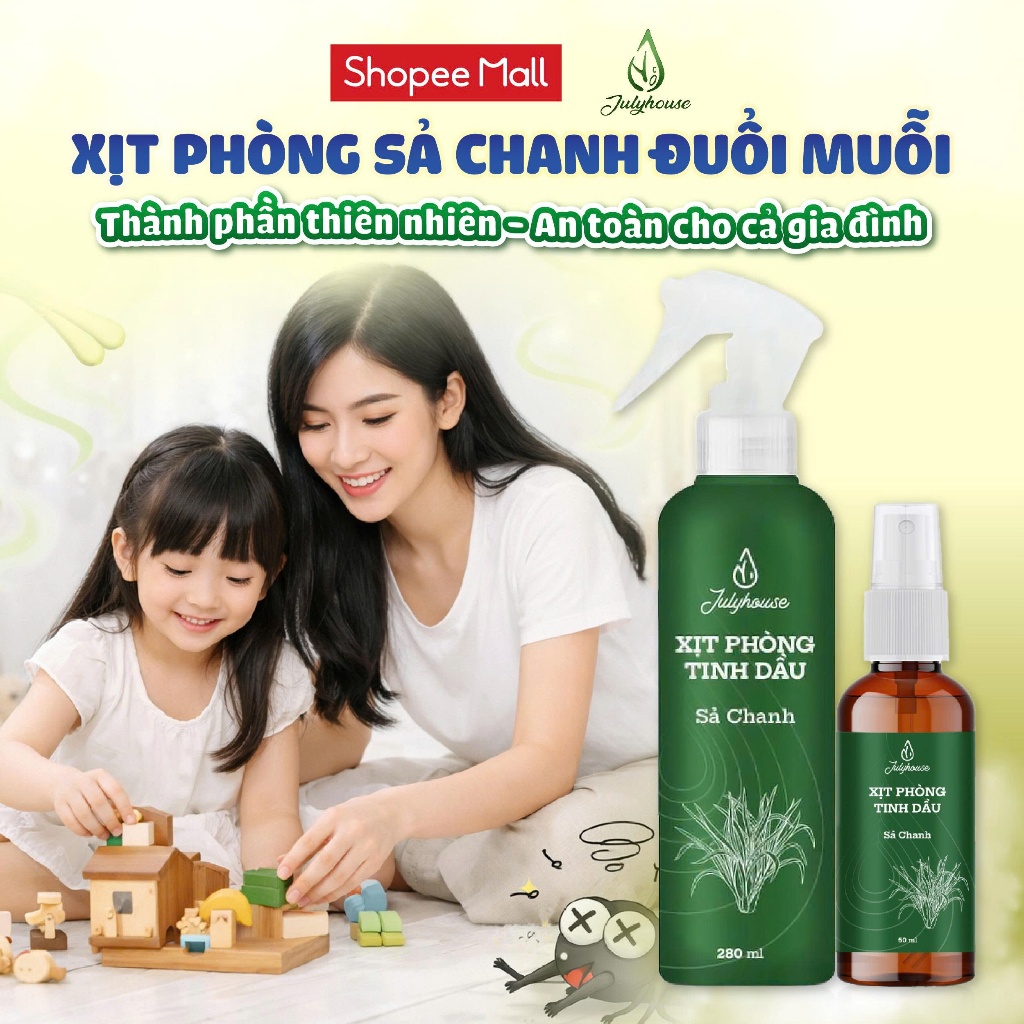 Xịt phòng tinh dầu sả chanh JULYHOUSE đuổi muỗi, côn trùng, thơm nhà (Chai 50ml/280ml)