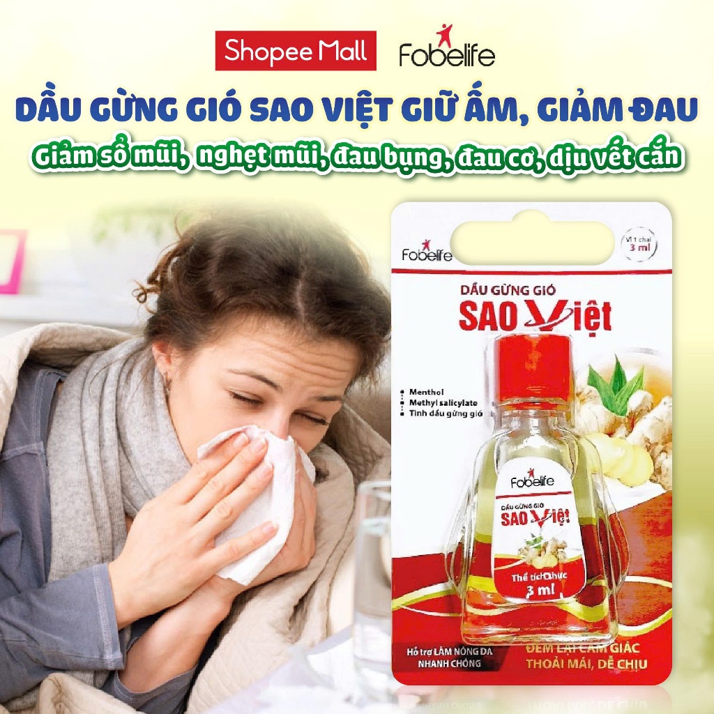 Dầu gừng Sao Việt Fobelife giúp giữ ấm, giảm đau nhức, làm thông mũi, giảm ngạt mũi (Chai 3ml)