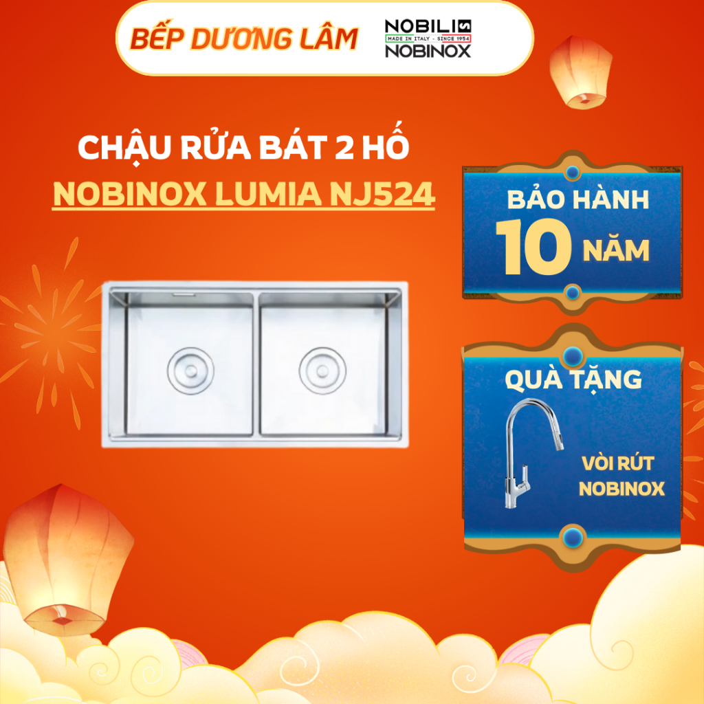 CHẬU RỬA BÁT 2 HỐ NOBINOX LUMIA NJ524-tặng vòi rút nobinox