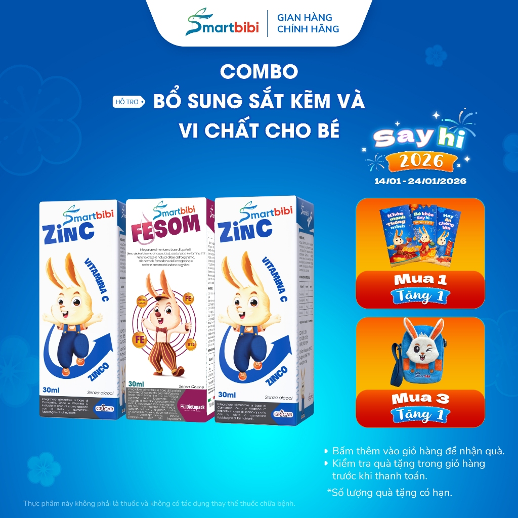 Combo Bổ Sung Sắt Kẽm Và Vi Chất Cho Bé, TPBVSK 2 Smartbibi Zin C + 1 Smartbibi Fesom