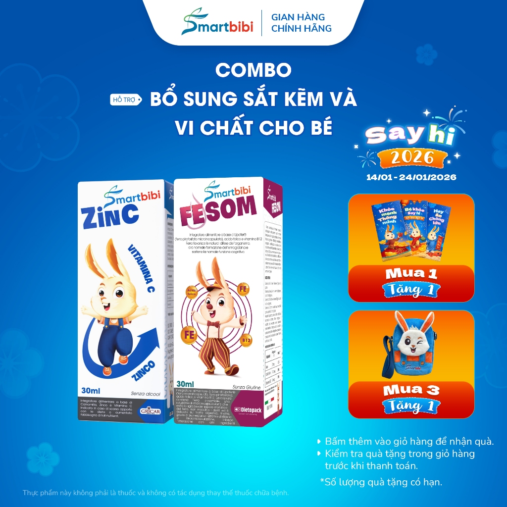 Combo siro bổ sung kẽm và khoáng chất cho bé Smartbibi Zin C + Smartbibi Fesom hỗ trợ bé bổ sung kẽm
