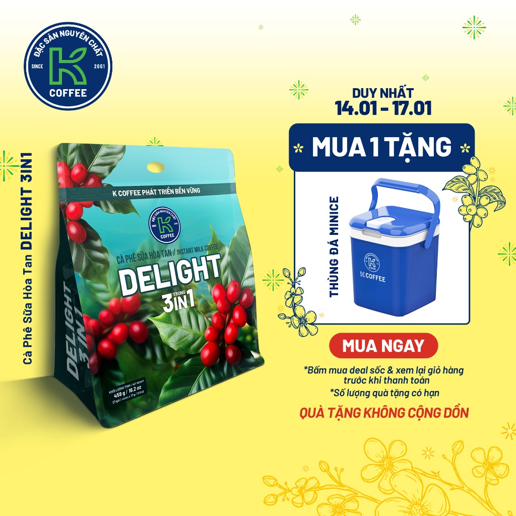 [TẶNG THÙNG ĐÁ] Cà Phê Sữa Hòa Tan K Delight 3in1 459g - K COFFEE