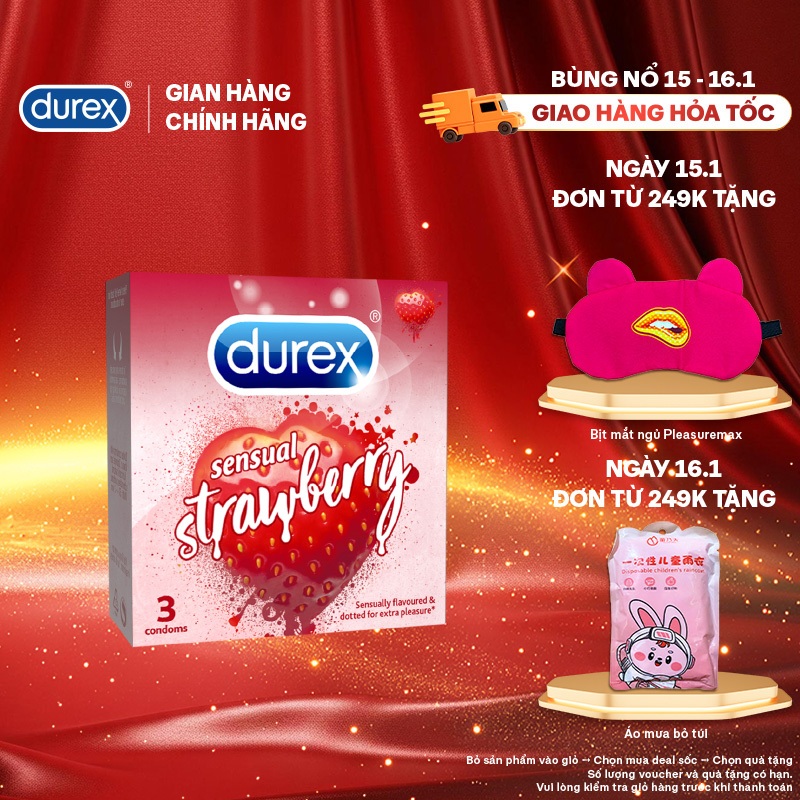 Bao cao su Durex Sensual Strawberry hương dâu (size 53mm, 3 bao/hộp)