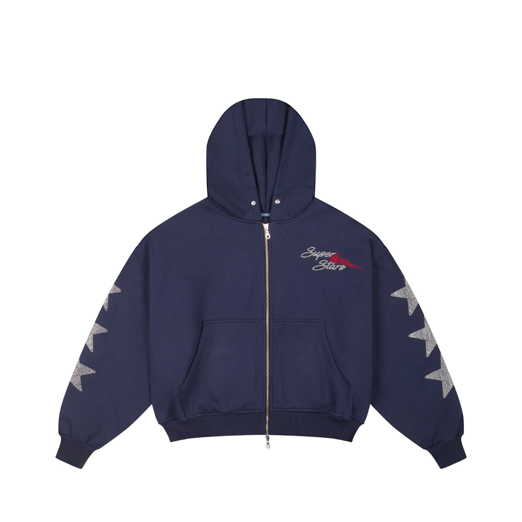 "WHENEVER" Áo Hoodie Whenever Super Star Zip Đính Đá Form Boxy Local Brand Unisex / Navy