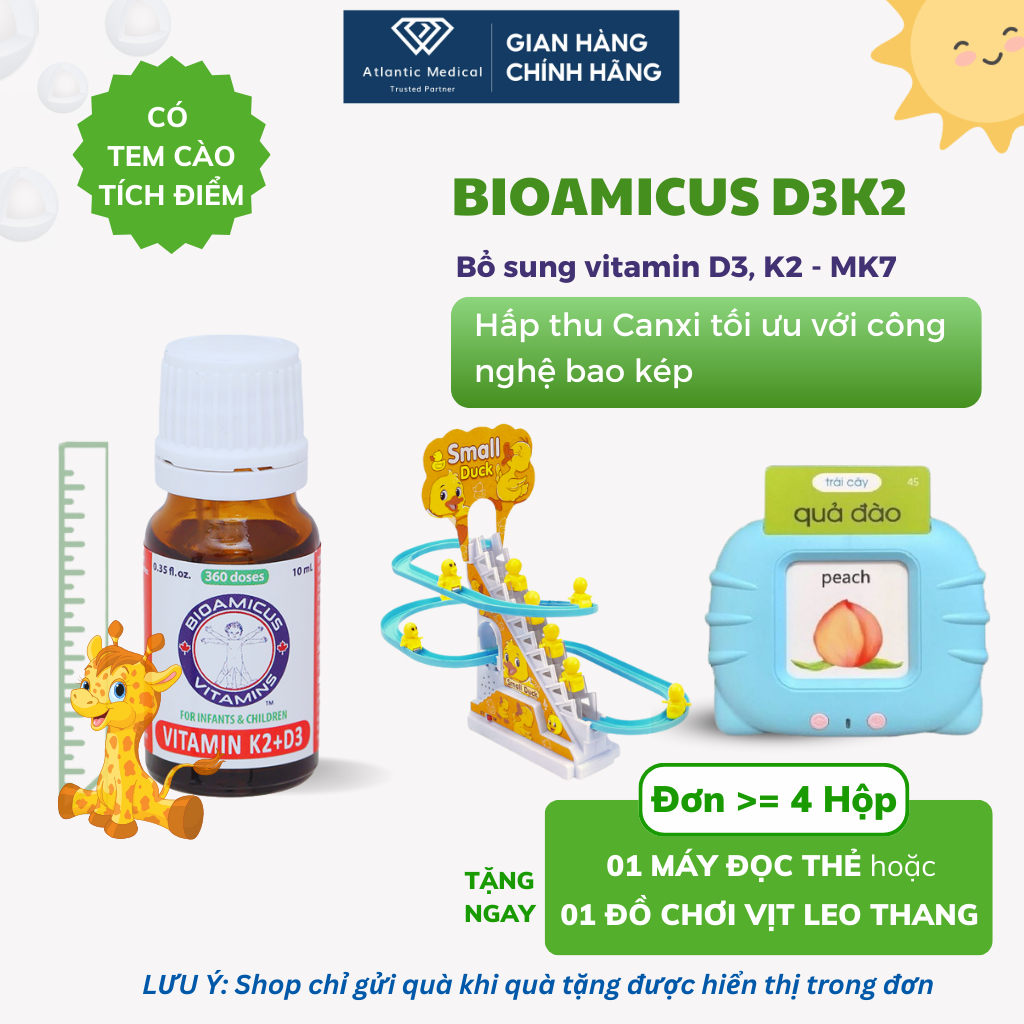 [Combo Quà Hời] BioAmicus Vitamin D3K2 MK7 Tinh Khiết Tăng Chiều Cao, Miễn Dịch Khỏe Mạnh, Bé Ngủ N