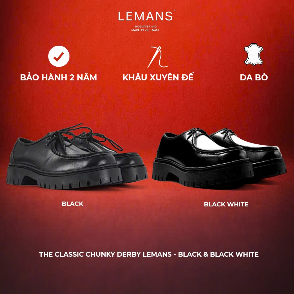 [The Classic Chunky DERBY Black khâu tay] LEMANS - đế cao 5cm Full cao su nguyên khối Da bò nguyên tấm Bảo hành 24 Tháng