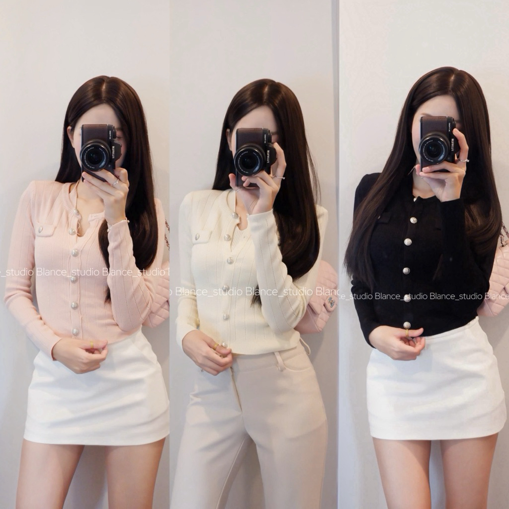 BLANCE STUDIO/ Áo len dài tay buộc cổ cúc tháo dời ôm body