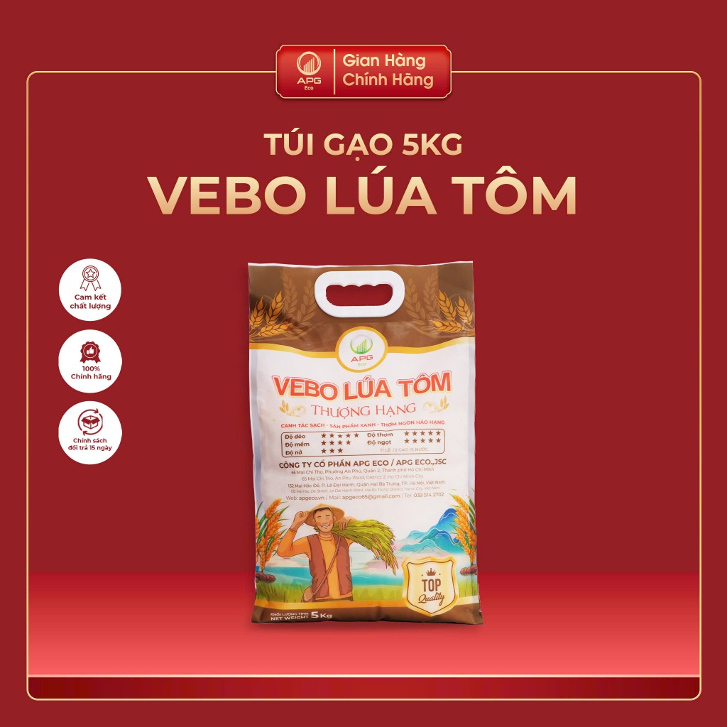 [SẢN PHẨM MỚI] Gạo VEBO Lúa Tôm Thượng Hạng APG ECO Gạo sạch, Mềm, Dẻo, Quy cách túi 5Kg