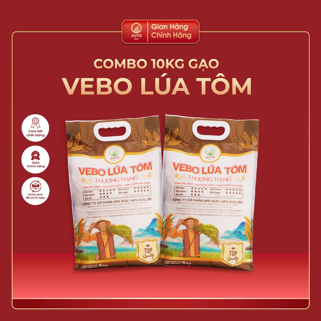 Combo 2 Bao Gạo 5kg VEBO Lúa Tôm APG ECO Thương Hạng Gạo sạch, Mềm, Dẻo, Quy cách túi 5Kg [Sản phẩm 