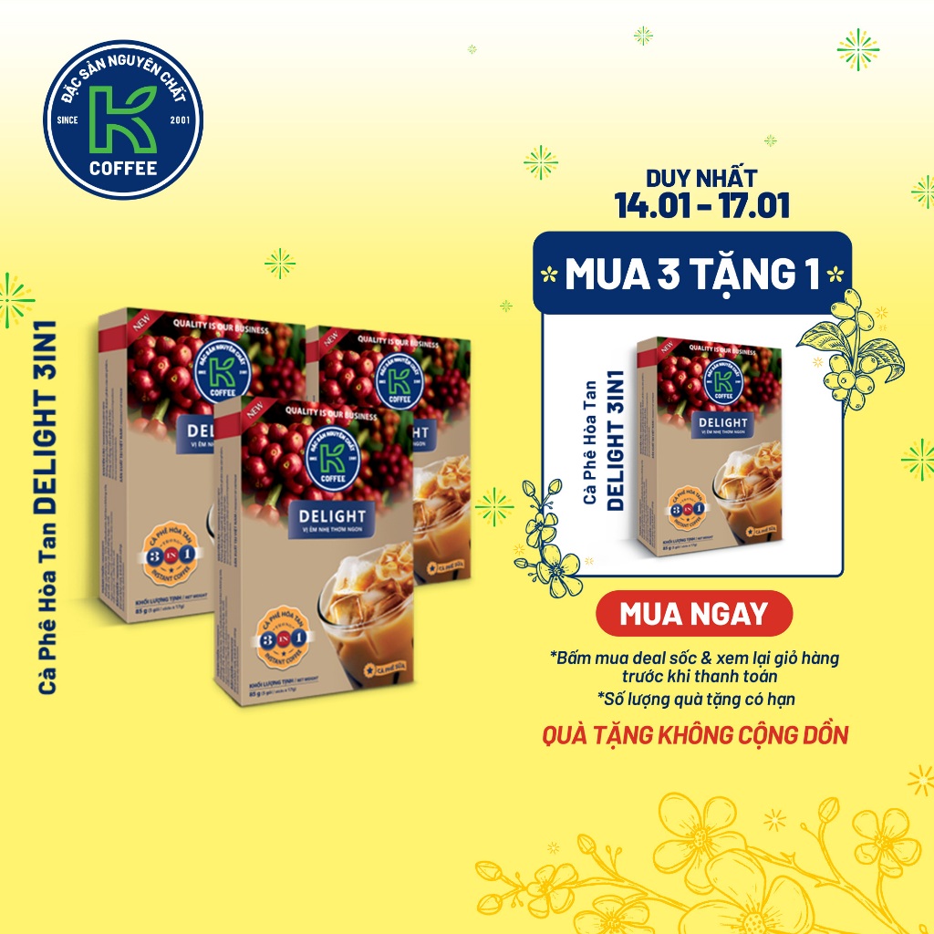 [1 HỘP] Cà Phê Sữa Hòa Tan 3in1 K Coffee Delight 85g (Hộp 5 gói x 17g)