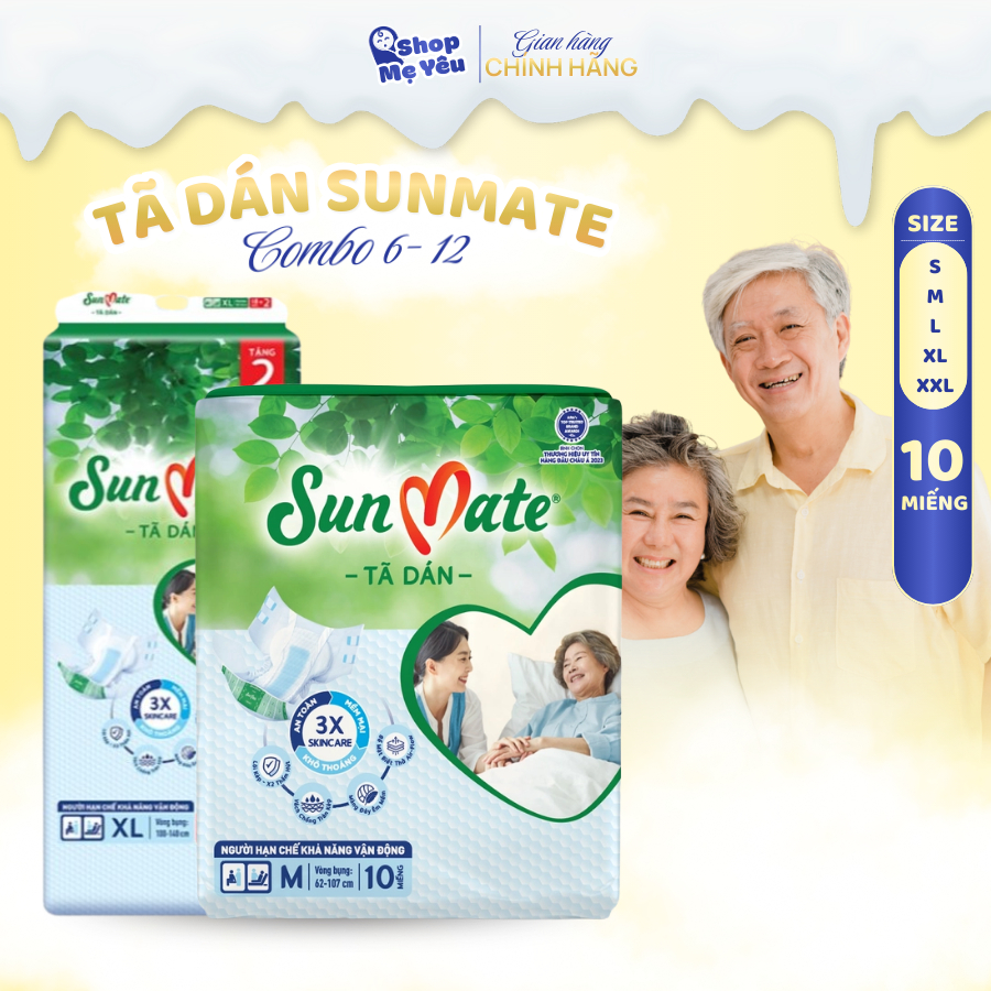 Combo 3 gói tã dán người già SunMate size M18+2/L18+2/XL18+2 gói 18+2 miếng – thoáng khí Air-Active, thấm hút nhanh