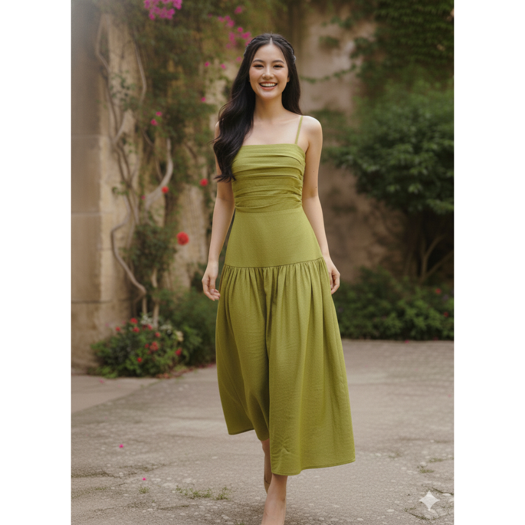 [HỎA TỐC HCM] Đầm maxi 2 dây xếp ly tôn eo dáng xòe