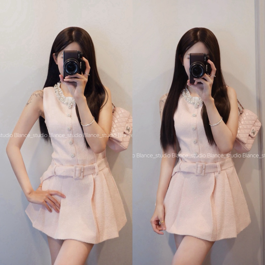 BLANCE STUDIO/ Váy dạ tweed đính đá chiết eo hông