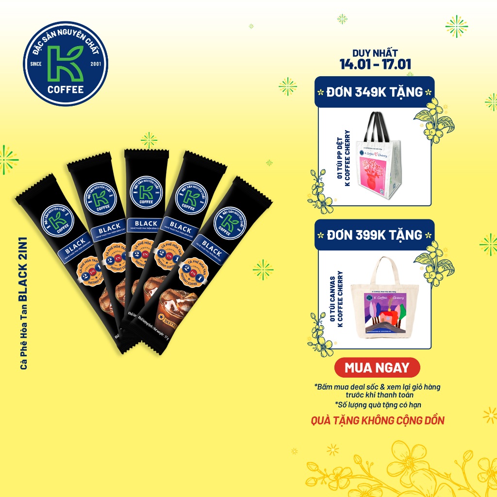 Combo 10 Gói Cà Phê Đen Hòa Tan 2in1 K Coffee Black 17g - Thơm Ngon Đậm Vị, Đúng Chuẩn Pha Phin