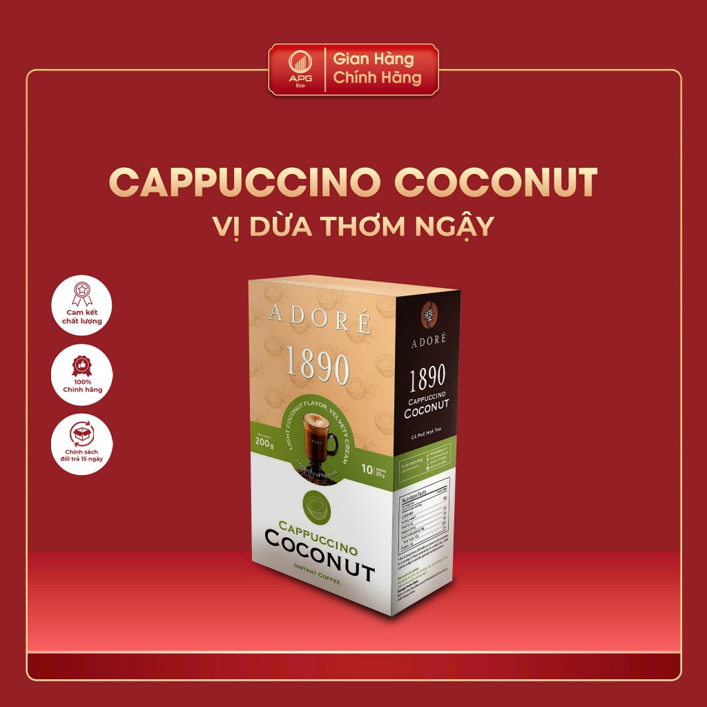 Cà Phê Hòa Tan ADORÉ 1890 Cappuccino Coconut Cafe 3in1 Vị Dừa Thơm Ngậy Giúp Tỉnh Táo Tập Trung Hộp 