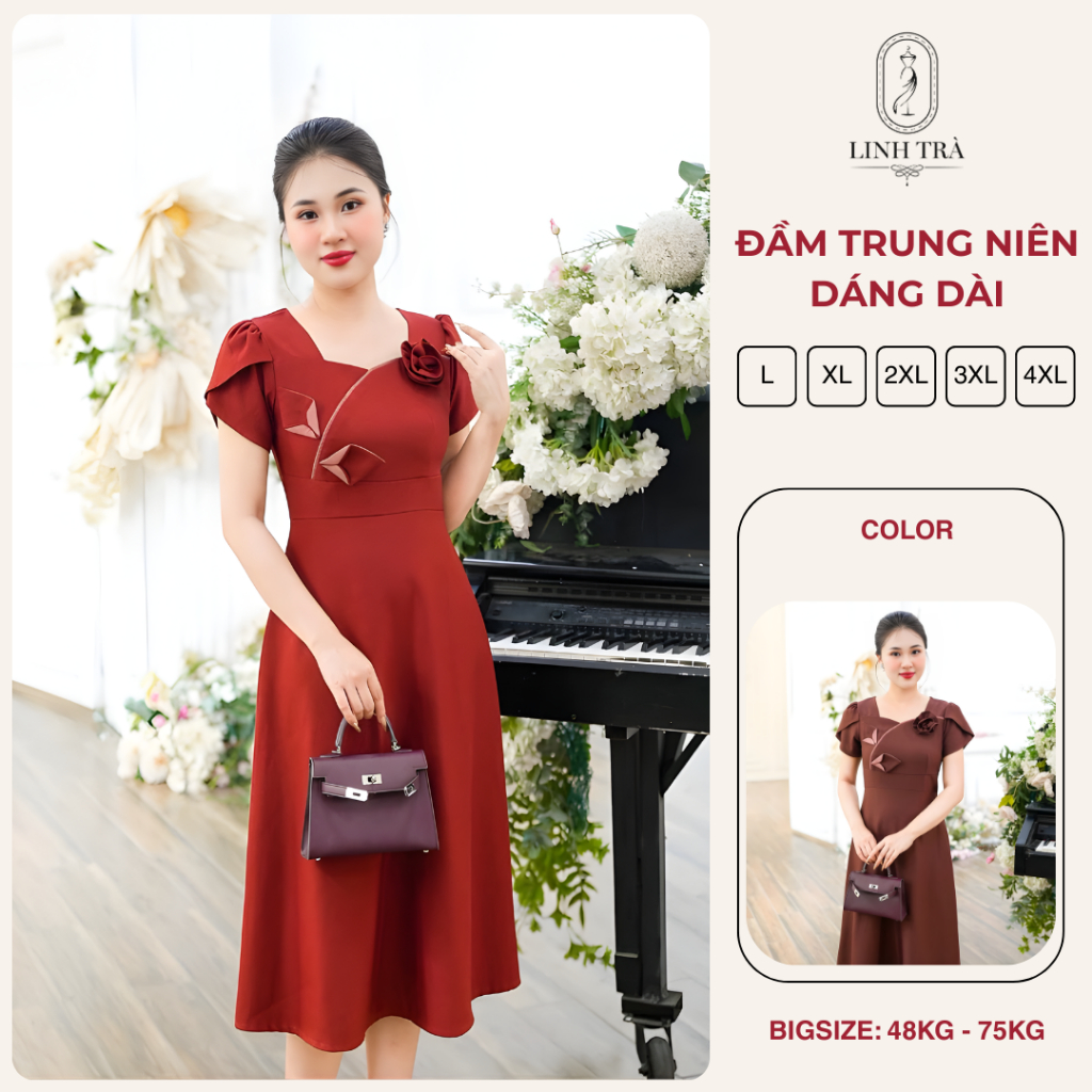 Đầm Trung Niên Bigsize Cho Mẹ U50 U60 [Linh Trà] (LT 2233) Váy Nữ Xinh Vải Voan Tay Lỡ Đi Chơi Đi Ti