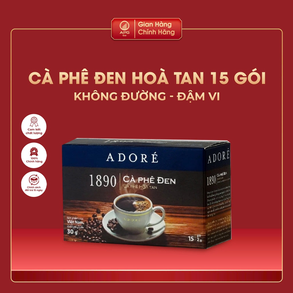Cà Phê Đen Hoà Tan Hộp Nhỏ Nguyên Chất ADORÉ 1890 Không Đường Đậm Vị Giúp Tỉnh Táo Hộp 30gr (2gr x 1