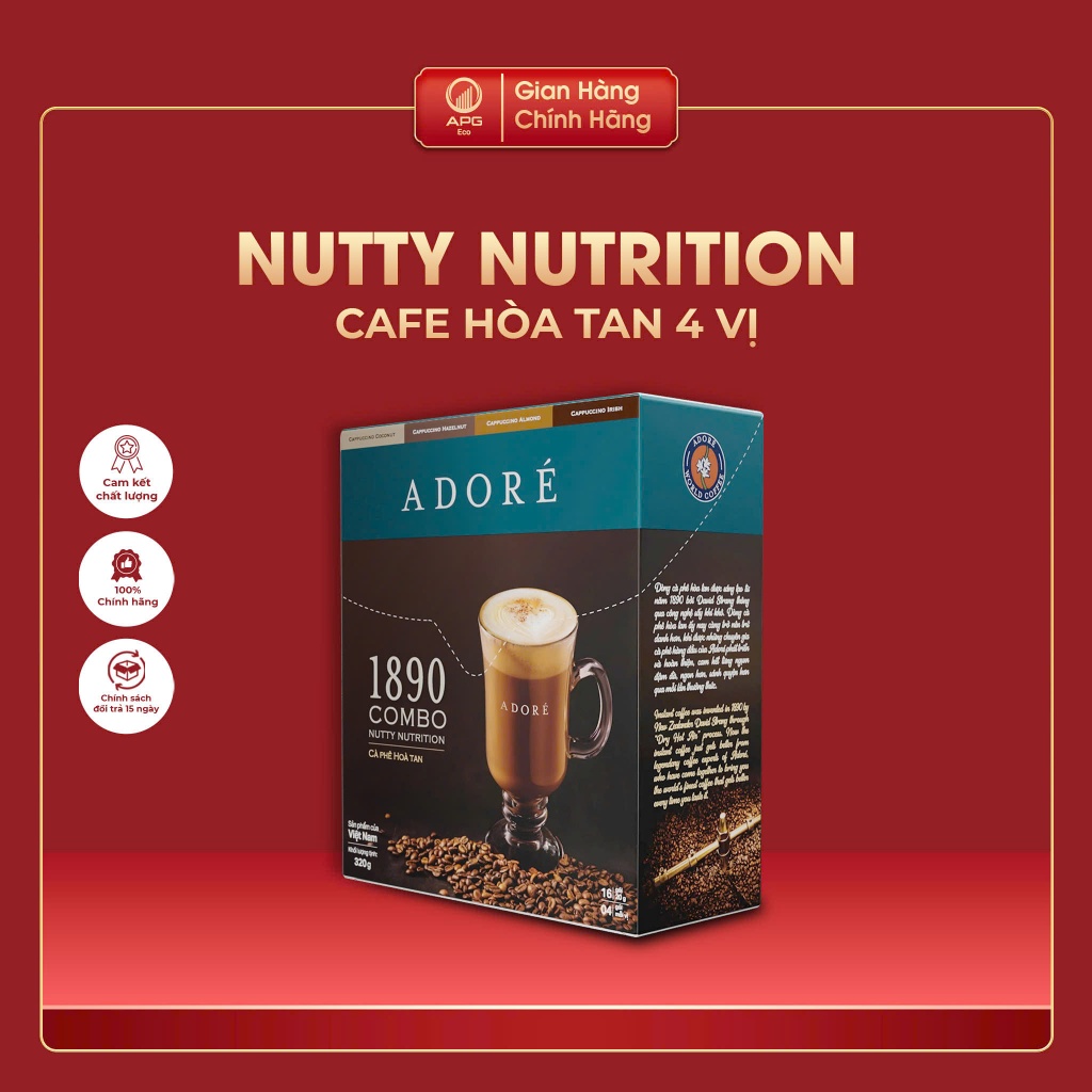 Cà Phê Cappuccino ADORÉ 1890 Nutty Nutrition, Cafe Hòa Tan 4 Vị Thơm Ngon Cao Cấp Hộp 320gr (20gr x 