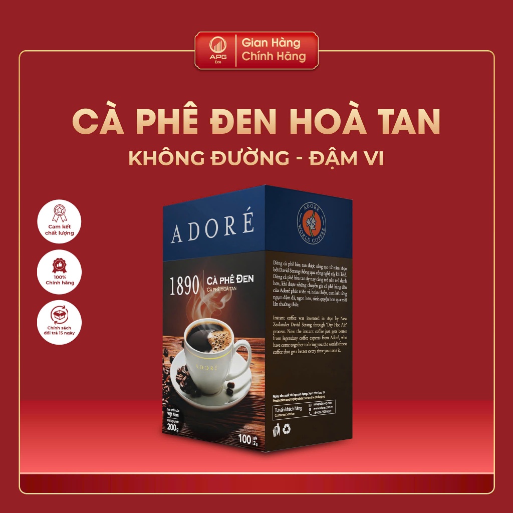 Cà Phê Đen Hoà Tan ADORÉ 1890 Cà Phê Đen Không Đường Đậm Vị Giúp Tỉnh Táo Hộp 100 Gói (100 Gói x 2g)