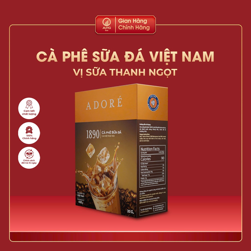 Cà Phê Sữa Đá Việt Nam ADORÉ 1890 Cafe Hòa Tan Vị Truyền Thống Đậm Đà Hộp 400g (20gr x 20 gói)